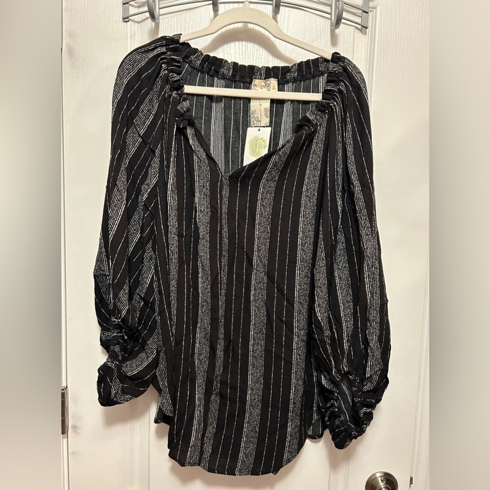 Blu Pepper Striped‎ Boho Peasant Blouse Black White Women's Size M NWT peasant